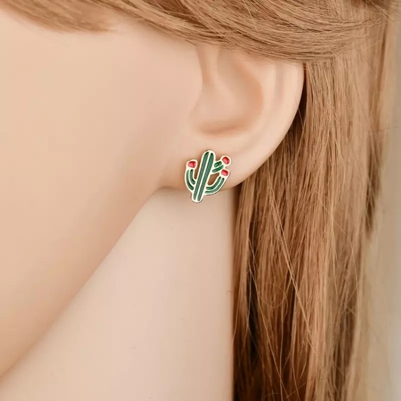 Cutesy Cactus Stud Earrings Green Red Dainty New - Picture 4 of 5